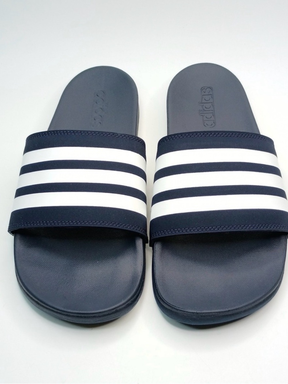 Adidas Adilette Comfort Slides Men’s Size 11 Navy Blue White Striped Sandals